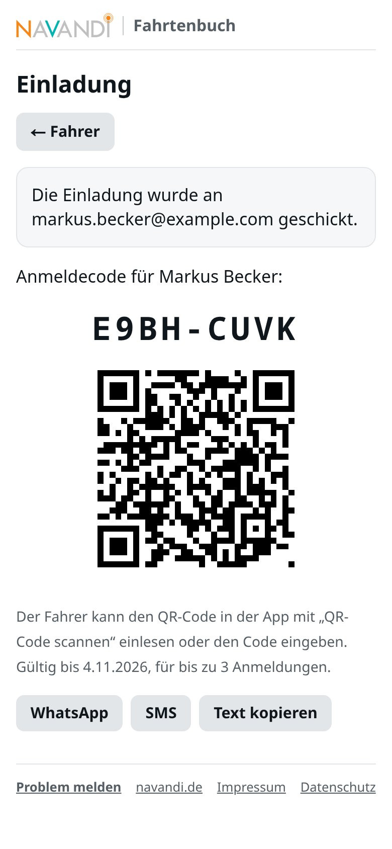 Einladung mit Anmeldecode und QR-Code