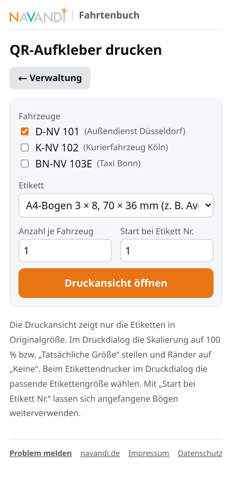 Druckdialog für QR-Aufkleber