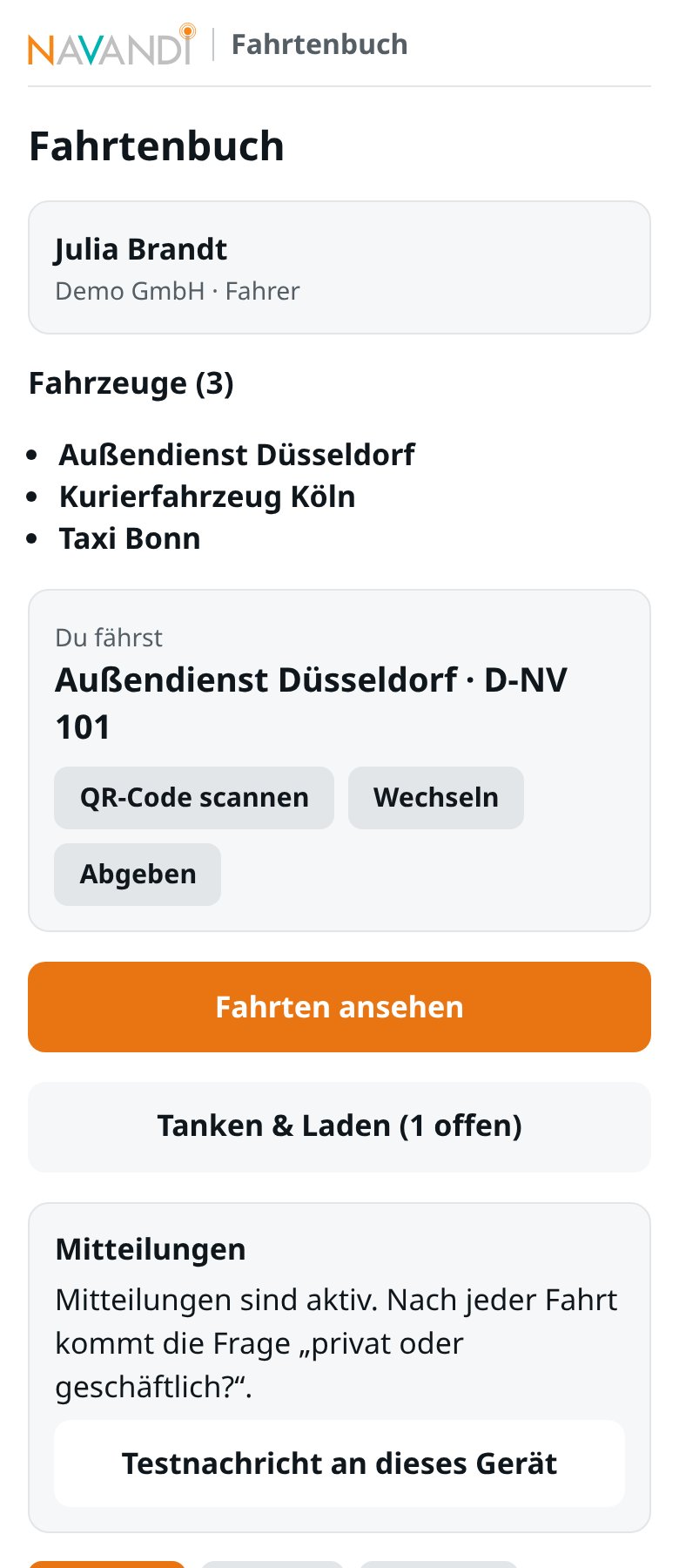 Startseite eines Fahrers