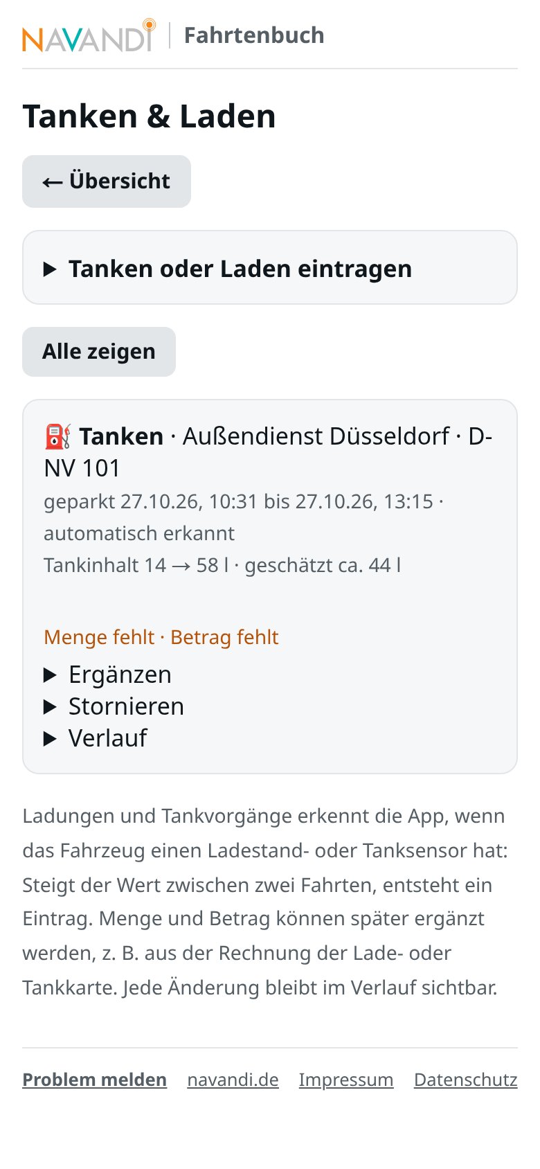 Tanken und Laden, Betrag nachtragen
