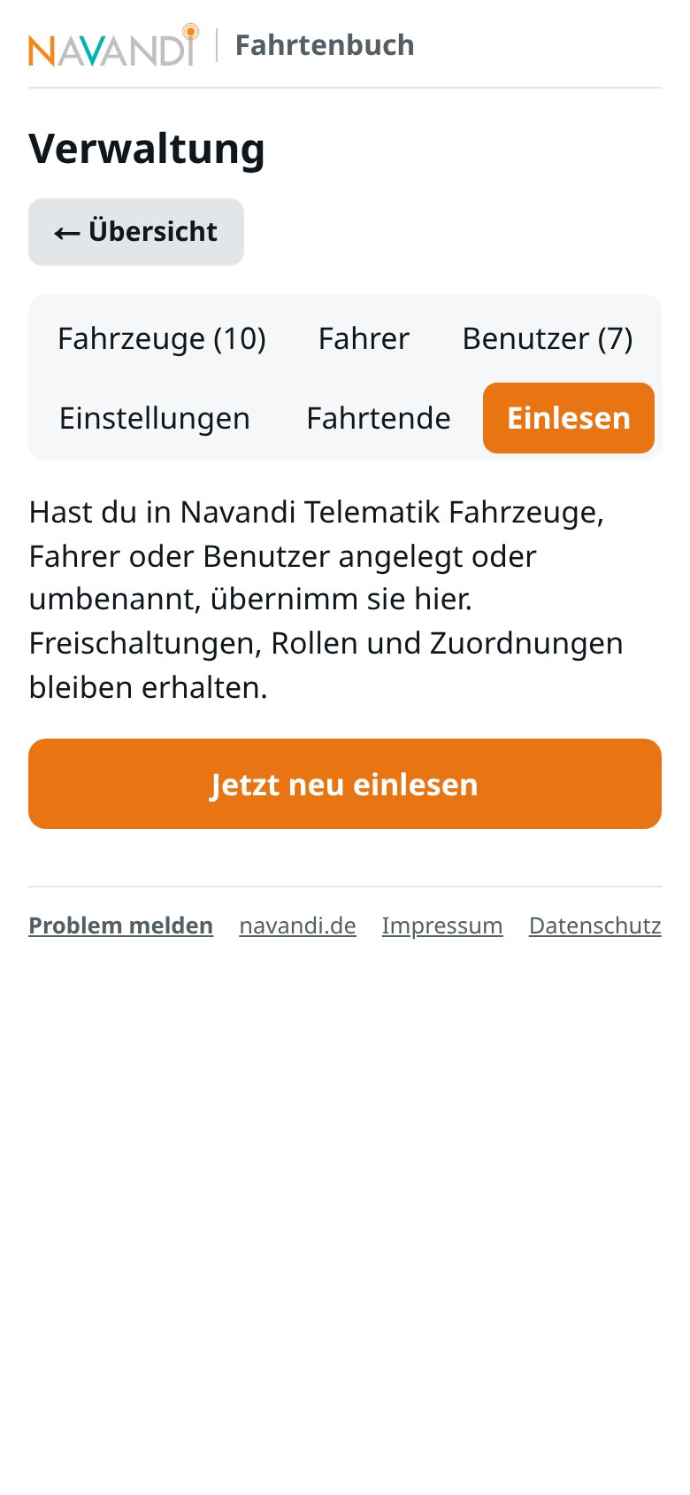 Verwaltung, Reiter Einlesen