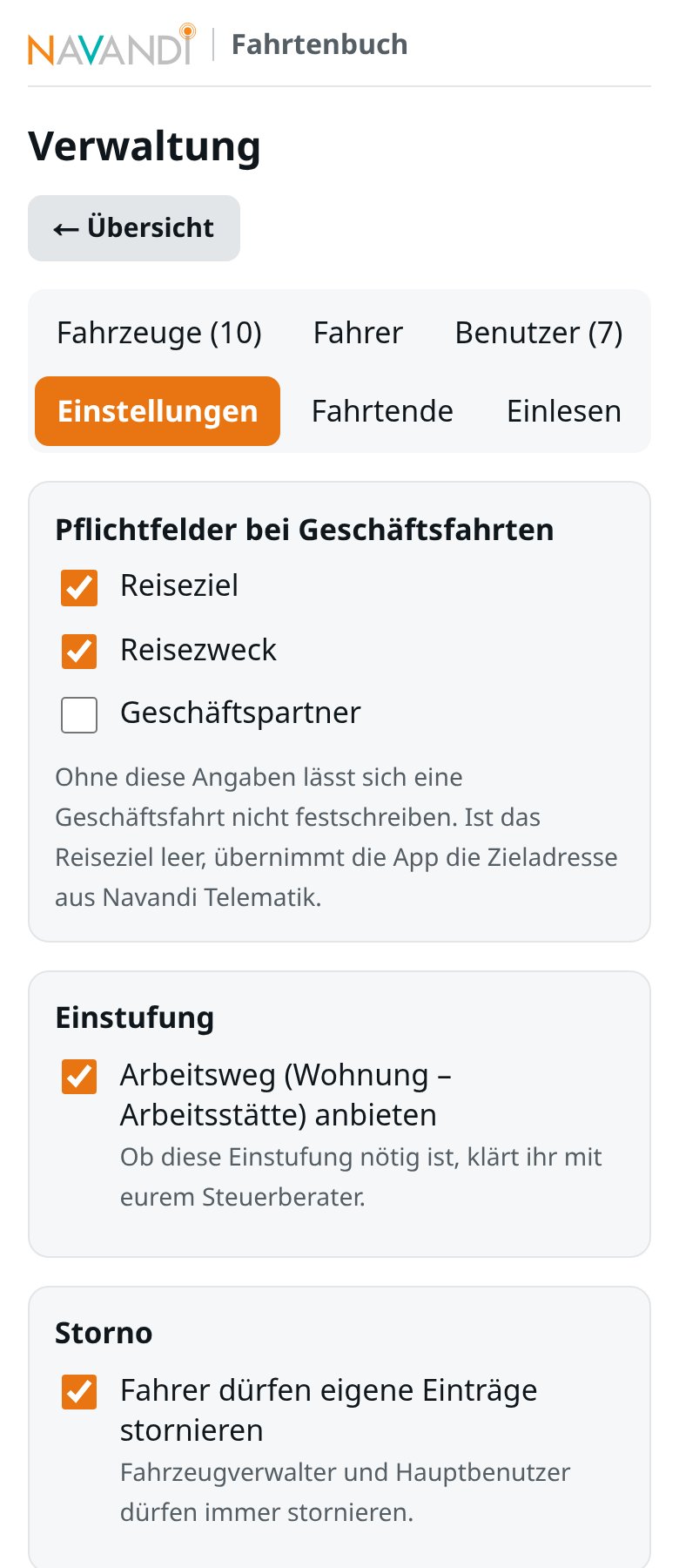 Verwaltung, Reiter Einstellungen