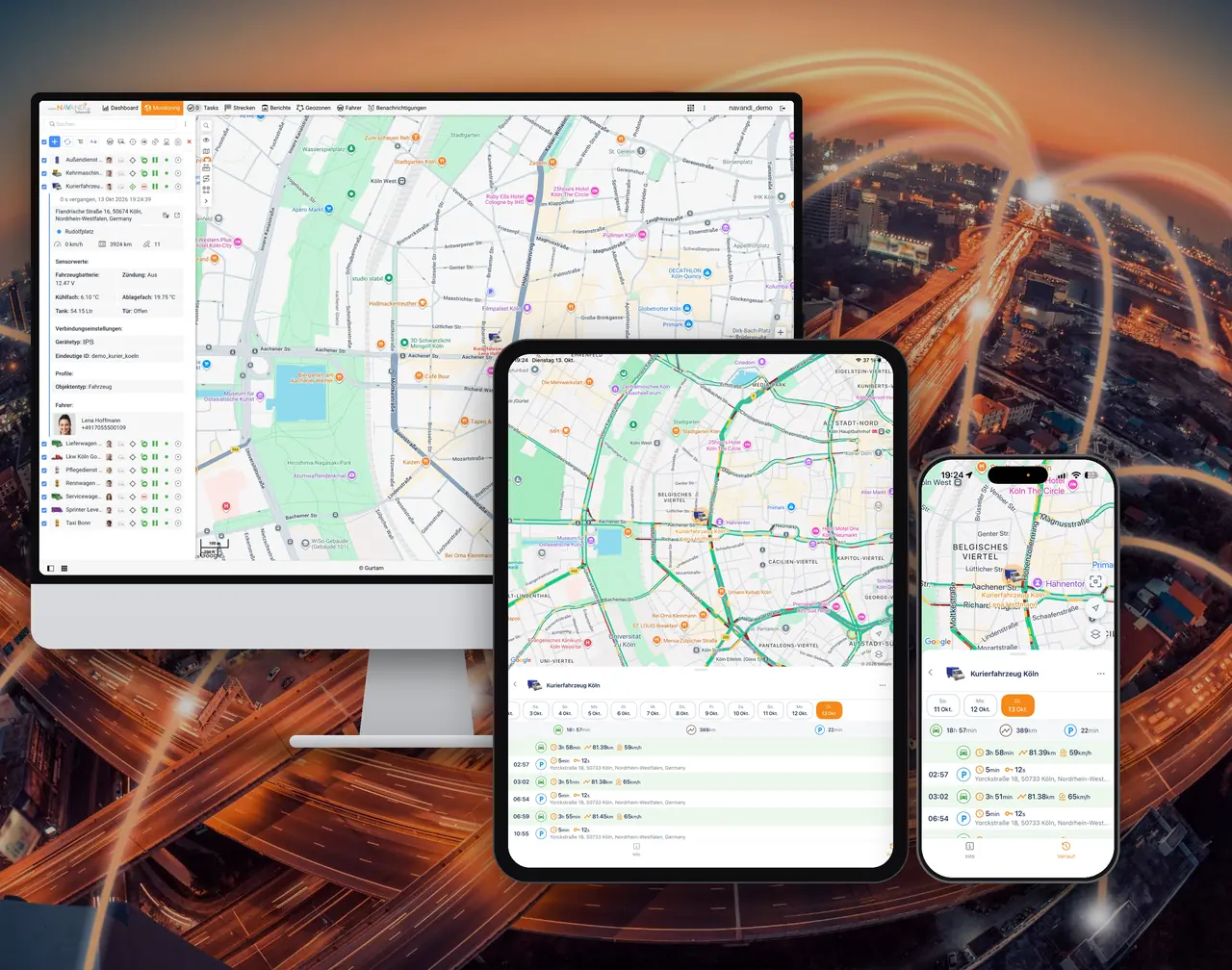 Die NAVANDi-Telematik-Plattform gleichzeitig am iMac, auf dem iPad Pro und auf dem iPhone: Livekarte und Fahrtenverlauf des Kurierfahrzeugs Köln