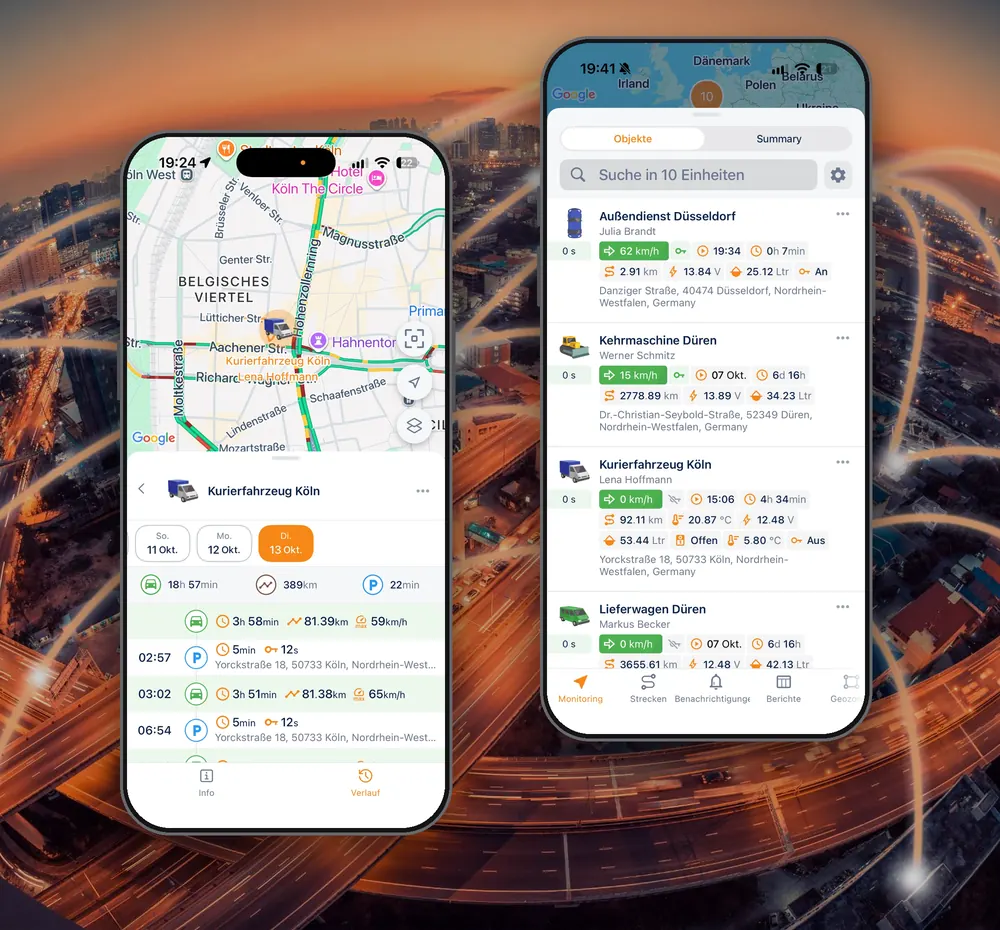 Die NAVANDi-Telematik-App auf zwei iPhone 17 Pro: Objektliste mit Fahrern und Fahrtenverlauf des Kurierfahrzeugs Köln