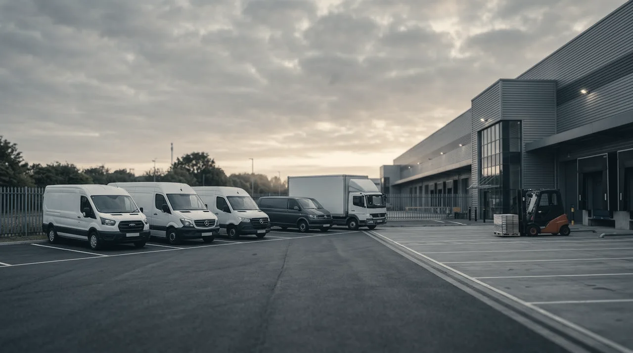 Gemischte Fahrzeugflotte vor einem modernen Logistikzentrum