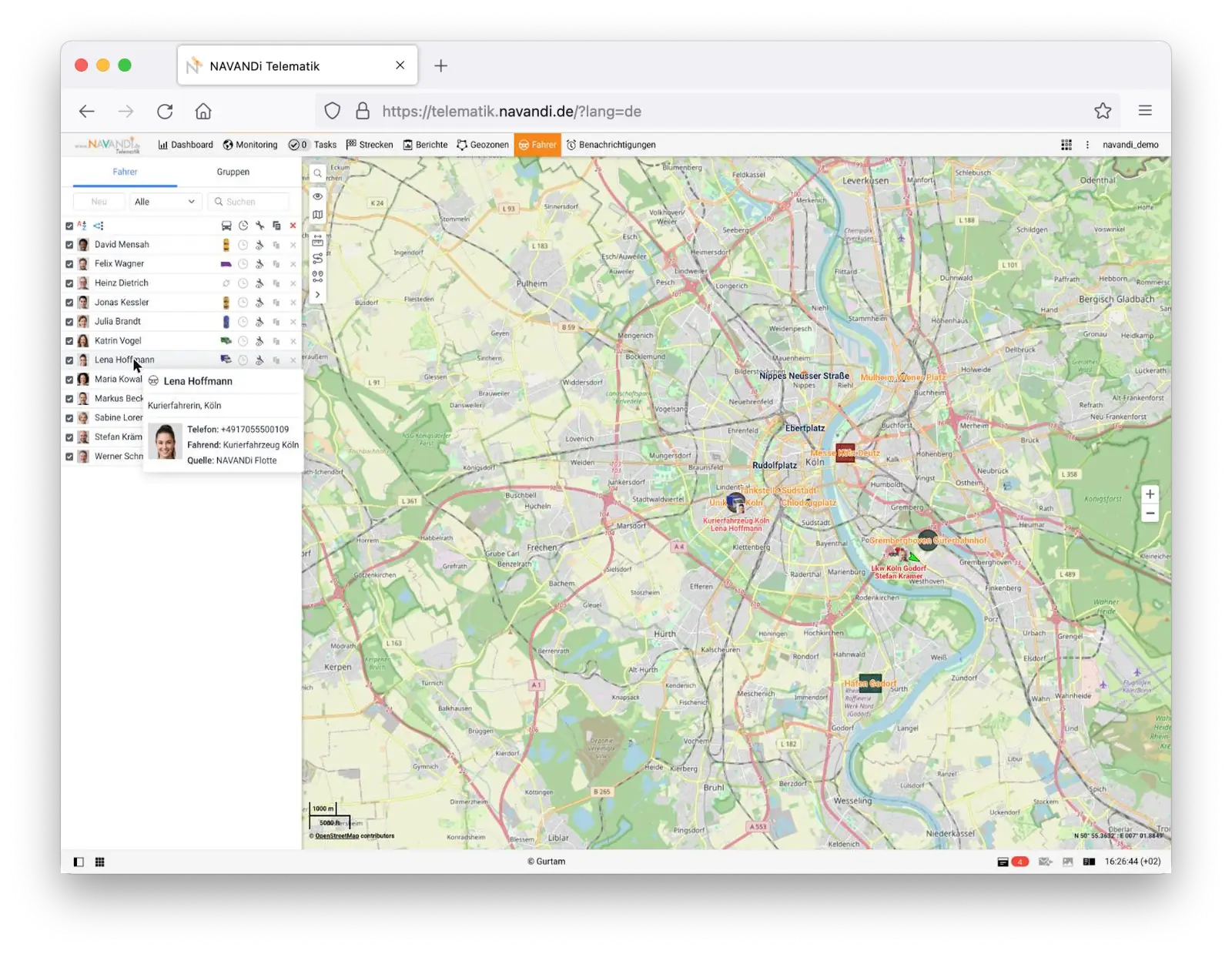 Screenshot der NAVANDI Telematik Plattform: Fahrer