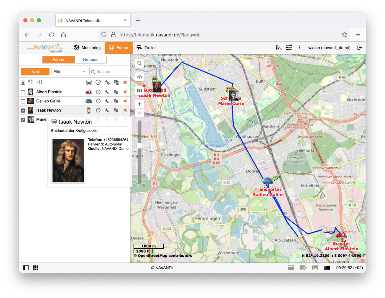 Screenshot der NAVANDI Telematik Plattform: Fahrer