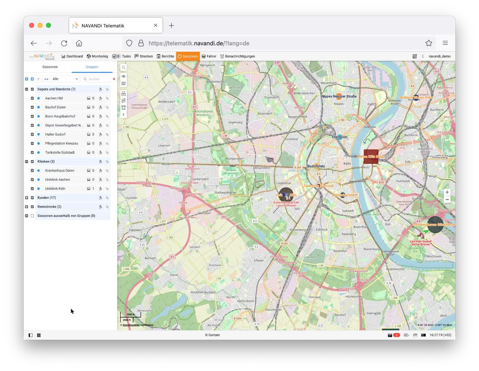 Screenshot der NAVANDI Telematik Plattform: Geozonen