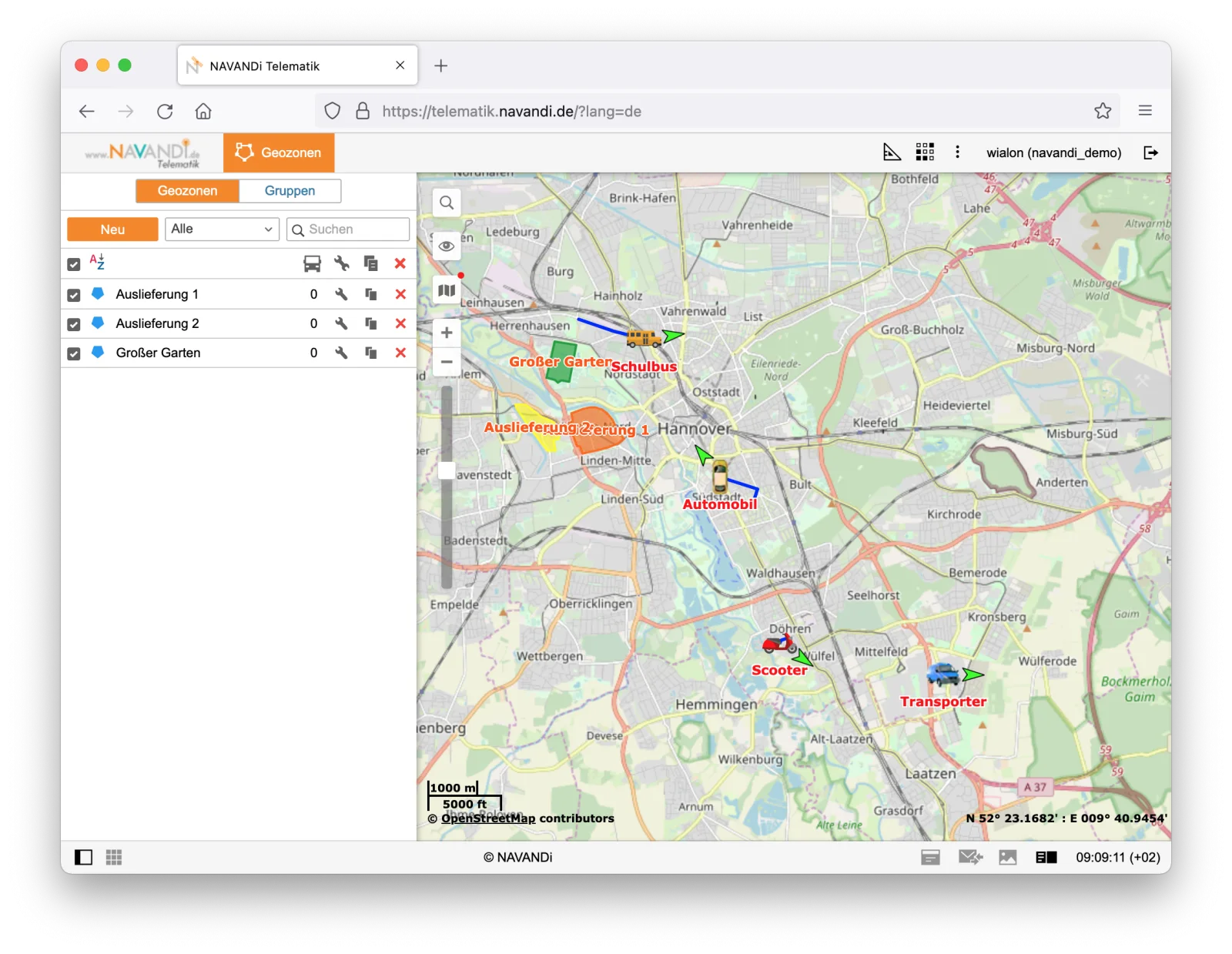 Screenshot der NAVANDI Telematik Plattform: Geozonen