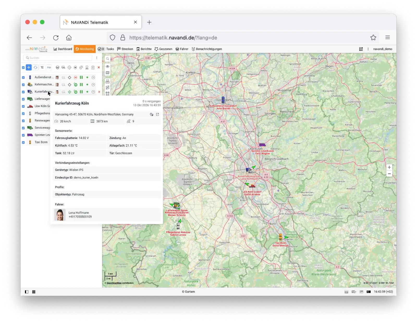 Screenshot der NAVANDI Telematik Plattform: Monitoring