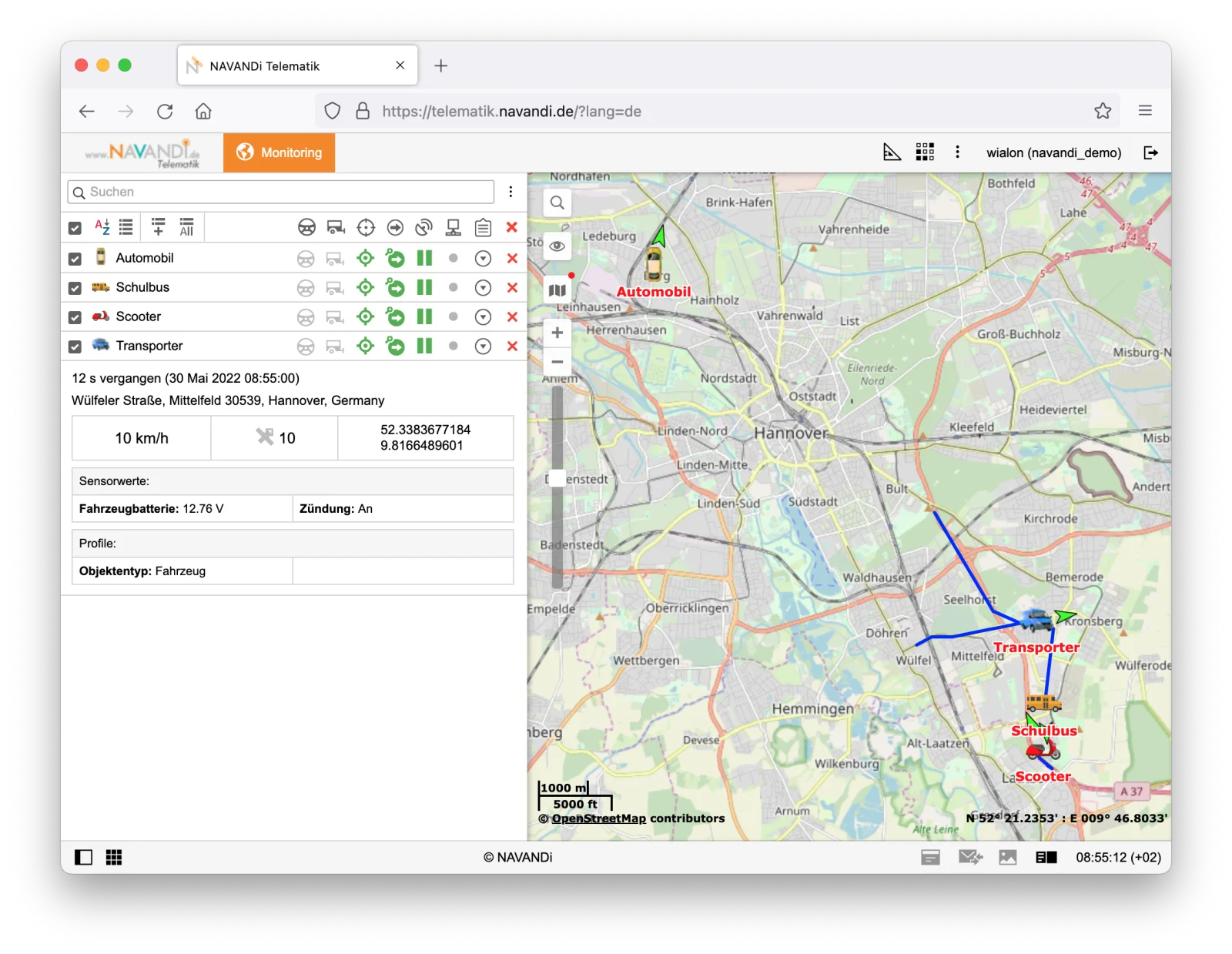 Screenshot der NAVANDI Telematik Plattform: Monitoring