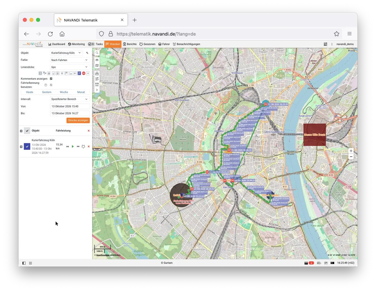 Screenshot der NAVANDI Telematik Plattform: Strecken