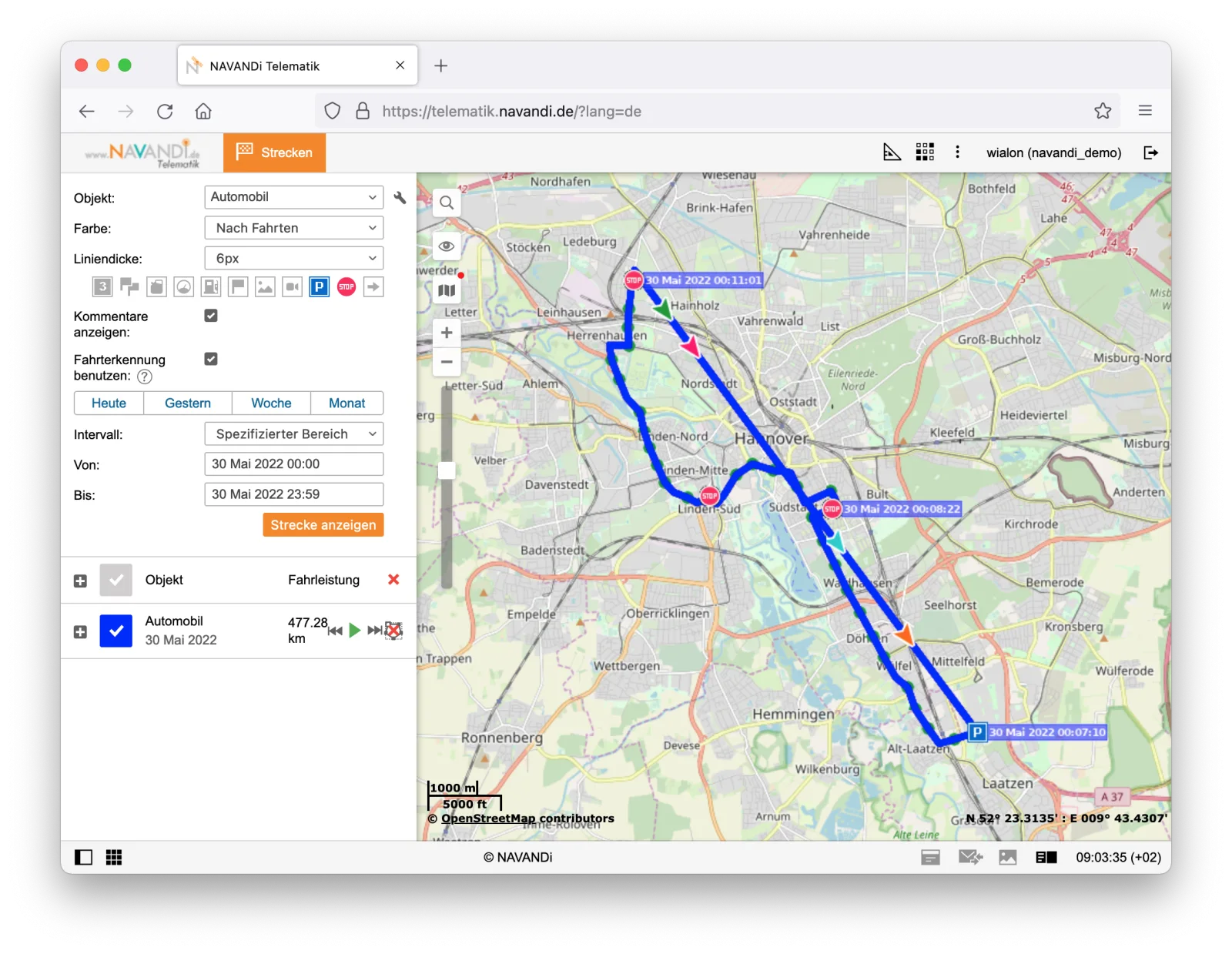 Screenshot der NAVANDI Telematik Plattform: Strecken